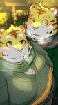  2022 anthro biped blush clothing duo felid hi_res kemono male mammal menmen_kesinn overweight overweight_male pantherine scarf sweater tiger topwear white_body 