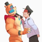  belt blue_eyes blush bow_tie bracelet brown_body clothed clothing duo faceless_character faceless_male five_nights_at_freddy&#039;s five_nights_at_freddy&#039;s:_security_breach flashlight flirting glamrock_freddy_(fnaf) hat headgear headwear hi_res human jewelry male mammal scottgames security_guard shoulder_pads simple_background spiked_bracelet spikes top_hat ursid video_games white_background 