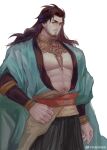  1boy abs absurdres amaimochi bara beard blue_kimono character_request copyright_request cowboy_shot facial_hair hakama hakama_pants highres japanese_clothes kimono large_pectorals long_hair looking_at_viewer male_focus mature_male muscular muscular_male pants pectoral_cleavage pectorals solo stomach stomach_tattoo tattoo thick_eyebrows underpec 