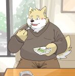  2022 anthro blush bottomwear brown_body canid canine canis clothing detailed_background domestic_dog eating food fugashi4090 inside kemono male mammal overweight overweight_male pants sitting solo sweater topwear white_body 