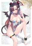  1girl :d absurdres bare_shoulders barefoot black_hair blue_nails blush breasts choker cleavage demon_tail demon_wings double_bun halo highres hitowa leotard long_hair looking_at_viewer original pink_eyes pink_hair sitting smile solo tail wings 