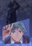 1boy aihysa arm_up bangs black_jacket collared_shirt commentary_request grey_eyes grey_hair jacket male_focus multiple_views necktie night outdoors parted_lips pokemon pokemon_(game) pokemon_oras red_necktie shirt short_hair signature steven_stone white_shirt 