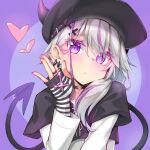  1boy blush crossdressing demon demon_boy demon_horns demon_tail ear_piercing hat heart horns husun_wei mole mole_under_eye nail_polish original otoko_no_ko pale_skin piercing purple_eyes tail white_hair 