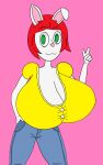  anthro bianca_(sturk-fontaine) big_breasts breasts cleavage clothed clothing female foxy-vixen gesture hair hand_on_hip hi_res huge_breasts hyper hyper_breasts lagomorph leporid mammal puffed_sleeves rabbit short_hair solo v_sign 