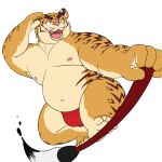  2022 anthro asian_clothing belly brush bulge clothing east_asian_clothing felid fundoshi hi_res humanoid_hands japanese_clothing k_gutless kemono male mammal moobs navel nipples overweight overweight_male paintbrush pantherine pink_nose red_clothing red_fundoshi red_underwear simple_background solo tiger underwear white_background 