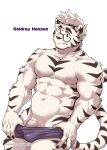  2022 5_fingers abs absurd_res anthro biceps black_ears black_eyebrows black_eyes black_stripes black_tail bulge character_name clothing eyebrows felid fingers fur genitals hi_res kumak71395 male mammal navel pantherine pecs penis penis_base simple_background solo striped_body striped_fur stripes text tiger url vein veiny_penis white_background white_body white_ears white_fur white_tail 