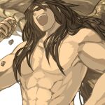  1boy abs arm_at_side bad_id bad_pixiv_id bare_arms bare_back bare_shoulders biceps black_blindfold blindfold brown_hair collarbone covered_eyes elona facing_viewer hair_over_shoulder hand_up harusame_(rueken) holding holding_rock long_hair lowres male_focus opatos_of_earth open_mouth rock simple_background solo teeth toned toned_male upper_body upper_teeth very_long_hair white_background wings 