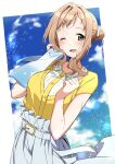  1girl blush breasts hair_bun highres holding idolmaster idolmaster_shiny_colors kagari_liroi light_brown_hair looking_at_viewer medium_breasts one_eye_closed open_mouth sakuragi_mano short_hair short_sleeves sidelocks skirt sky solo yellow_eyes 