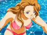  2000s_(style) bikini blue_eyes breasts brown_hair cleavage closed_mouth color_issue covered_nipples cowboy_shot from_above i&quot;s katsura_masakazu leaning_forward light_smile looking_away looking_down looking_to_the_side medium_breasts midriff navel pink_bikini pool screencap swimsuit water wet 