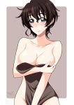  1girl akiyama_yoshiko artist_logo bangs blush breast_hold breasts brown_hair cleavage closed_mouth commentary earrings girls_und_panzer green_eyes grey_background highres holding holding_towel ichijou_takakiyo jewelry large_breasts looking_at_viewer mature_female messy_hair naked_towel outside_border rounded_corners short_hair smile solo standing stud_earrings towel towel_tug 