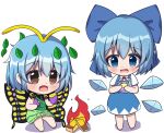  2girls antennae aqua_hair blue_bow blue_dress blue_eyes blue_hair blush bow brown_eyes butterfly_wings chaleu chibi cirno detached_wings dress eternity_larva eyebrows_visible_through_hair fairy fire food green_dress hair_between_eyes hair_bow holding holding_food holding_vegetable ice ice_cube ice_wings korean_commentary leaf leaf_on_head multicolored_clothes multicolored_dress multiple_girls open_mouth shirt short_hair short_sleeves simple_background single_strap smile sweet_potato touhou vegetable white_background white_shirt wings 