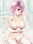  1girl ass_visible_through_thighs blurry blurry_background blush bra breasts bridal_gauntlets bridal_lingerie bridal_veil collarbone commentary_request dermar dress eyebrows_visible_through_hair fate/grand_order fate_(series) garter_straps hair_over_eyes highres large_breasts lingerie looking_at_viewer mash_kyrielight navel own_hands_together panties parted_lips purple_eyes purple_hair sidelocks signature sitting solo thighhighs underwear veil wariza wedding_dress white_bra white_legwear white_panties 
