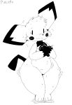  2022 ambiguous_gender anthro anthrofied apple belly dipstick_ears eyelashes featureless_crotch food front_view fruit mammal monochrome multicolored_ears nintendo pichu pixcello plant pok&eacute;mon pok&eacute;mon_(species) pok&eacute;morph rodent shaking short_stack simple_background slightly_chubby solo thick_thighs trembling video_games wavy_mouth white_background wide_hips 
