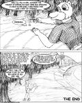  2002 4:5 anthro backpack biped bottomwear canid canine clothed clothing comic dci dialogue duo english_text footprint fox gesture graphite_(artwork) greyscale hair handshake holding_butt larger_male macro male male/male mammal micro monochrome muscular muscular_male pencil_(artwork) size_difference size_play smaller_male speech_bubble text topwear traditional_media_(artwork) ursid 