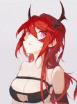  1girl arknights bandeau bangs bare_shoulders breasts cleavage cleavage_cutout clothing_cutout commentary earrings grey_background hair_between_eyes highres horns jewelry large_breasts long_hair looking_at_viewer purple_eyes red_hair simple_background solo strapless surtr_(arknights) tube_top upper_body yoofei 