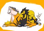  alternate_color closed_eyes drooling evolutionary_line luxio luxray no_humans ohhhhhhtsu open_mouth pokemon pokemon_(creature) raikou shinx shiny_pokemon sleeping tongue tongue_out tusks twitter_username yawning 