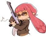  1girl controller game_controller holding inkling jacket light_gun long_hair looking_at_viewer mask mota pointy_ears pursed_lips red_hair simple_background solo splatoon_(series) tentacle_hair white_background yellow_eyes 