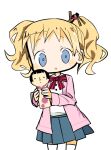  1girl :o alice_cartelet bangs blonde_hair blue_eyes blue_skirt blush_stickers bow bowtie cardigan cowboy_shot doll hair_ornament hairpin hands_up holding holding_doll holding_toy kin-iro_mosaic kokeshi long_sleeves looking_at_viewer medium_hair miniskirt no_nose open_cardigan open_clothes parted_lips pink_cardigan pleated_skirt purple_bow purple_bowtie red_bow red_bowtie school_uniform shirt shirt_tucked_in short_bangs simple_background skirt solo striped striped_bow striped_bowtie tareme thighhighs toy wavy_hair white_background white_legwear white_shirt yukihi zettai_ryouiki 