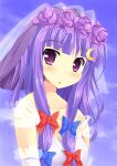  1girl alternate_costume bangs blunt_bangs blush bow breasts bridal_veil commentary_request cookie_(touhou) crescent crescent_hair_ornament dress eyebrows_visible_through_hair flower hair_bow hair_flower hair_ornament highres long_hair looking_at_viewer medium_breasts multi-tied_hair open_mouth patchouli_knowledge purple_eyes purple_flower purple_hair red_bow solo szk taisa_(cookie) touhou upper_body veil wedding_dress 