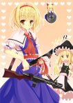  !? 2girls ^^^ alice_margatroid bangs black_headwear black_skirt black_vest blonde_hair blood blood_drip blood_on_hands blood_on_knife blue_dress blush brown_eyes buttons capelet closed_mouth collared_capelet commentary_request cookie_(touhou) doll dress explosive eyebrows_visible_through_hair feet_out_of_frame frilled_hairband frilled_sash frilled_skirt frilled_sleeves frills gun hairband hat heart highres hinase_(cookie) holding holding_knife kirisame_marisa knife long_hair looking_at_viewer machete mine_(weapon) multiple_girls necktie open_mouth ppsh-41 puffy_short_sleeves puffy_sleeves red_hairband red_necktie red_sash sash shanghai_doll shirt short_hair short_sleeves skirt sleeveless sleeveless_dress smile submachine_gun szk touhou uzuki_(cookie) vest weapon white_capelet white_shirt wiping witch_hat yellow_background 