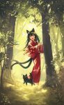  1girl :d absurdres animal animal_ears barefoot bell black_hair cat cat_ears cat_girl cat_tail commentary fang forest highres japanese_clothes jingle_bell kimono long_hair looking_at_viewer multiple_tails nature nekomata open_mouth original outdoors red_kimono smile standing tail toumin_(onemunemu99) two_tails yellow_eyes youkai 