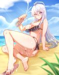  1girl absurdres artist_request beach bra cloud cum disembodied_penis douluo_dalu gu_yuena highres long_hair penis silver_hair sky sun swimsuit third-party_source underwear water 