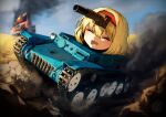  :d :x alice_margatroid bangs blonde_hair blue_sky burning closed_eyes commentary_request cookie_(touhou) day fire ground_vehicle hair_between_eyes hairband ichigo_(cookie) military military_vehicle motor_vehicle niconico no_humans office open_mouth outdoors pyonsuke_(pyon2_mfg) red_hairband short_hair sky smile smoke tank touhou 