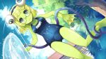  1girl anura_(monster_musume) artist_request bangs blonde_hair blue_hairband blush cloud colored_skin competition_school_swimsuit extra_eyes frog_girl frown full_body game_cg glasses green_eyes green_skin hairband holding holding_hose hose looking_at_viewer monster_girl monster_musume_no_iru_nichijou monster_musume_no_iru_nichijou_online official_art outdoors solo swimsuit tree water webbed_hands wet 