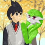  2021 ailin black_eyes black_hair clothing cobra0281 duo female gardevoir green_hair hair hand_on_arm hi_res human looking_at_viewer male mammal nintendo not_furry pok&eacute;mon pok&eacute;mon_(species) purple_eyes simple_background video_games 