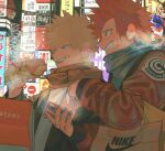  2boys ad bag bakugou_katsuki blonde_hair boku_no_hero_academia bomber_jacket breath cellphone city_lights cityscape food food_on_face highres holding holding_phone jacket kirishima_eijirou leather leather_jacket logo looking_ahead male_focus multiple_boys neon_lights outdoors phone pointing red_eyes red_hair scarf screen_light sharp_teeth shopping_bag short_hair smile spiked_hair steam teeth urachan1629 winter_clothes 