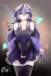  1girl bare_shoulders breasts cleavage dress enoxarte eyebrows_visible_through_hair fingerless_gloves gloves highres long_hair looking_at_viewer older purple_dress purple_hair rosario+vampire shirayuki_mizore smile solo thighhighs upper_body 