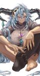  1girl absurdres ahiko_(re_ruikia3) barefoot blue_hair breasts dark_skin fangs fediel_(granblue_fantasy) feet granblue_fantasy hair_ornament highres horns large_breasts long_hair nail red_eyes ribbed_sweater single_thighhigh sitting skull_hair_ornament solo sweater thighhighs 
