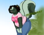  anthro black_hair bottomwear chubby_female clothed clothing denim denim_clothing fart fart_cloud fart_fetish female fur grey_body grey_fur hair hyper hyper_fart jeans jouigidragon looking_at_viewer mammal mephitid one_eye_closed pants skunk slightly_chubby solo white_body white_fur wink winking_at_viewer 