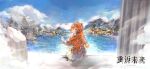  1girl blue_sky character_request cloud cloudy_sky copyright_name csyday dress hairband highres long_hair looking_at_viewer looking_back official_art orange_hair reverse:1999 sky solo tree village white_dress 