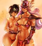  2girls areolae armor bikini_armor black_eyes black_hair black_pubic_hair blue_eyes breasts closed_mouth collarbone cowboy_shot curly_hair dragon_quest dragon_quest_iii earrings elbow_gloves female_pubic_hair fighter_(dq3) gloves helmet jewelry lips loincloth long_hair looking_at_viewer mage_(dq3) medium_breasts midriff mrkg_(arsfatuus) multiple_girls navel nipples pauldrons pink_gloves pink_headwear pubic_hair pubic_hair_peek purple_hair purple_pubic_hair pussy roto short_hair shoulder_armor single_bare_shoulder single_pauldron small_breasts smile underboob winged_helmet 