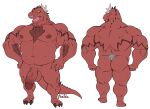  absurd_res anthro body_hair chest_hair clothing dinosaur ear_piercing ear_ring edelfieri facial_piercing feathered_dinosaur feathers gigantosaur hi_res maldu male model_sheet musclegut muscular nipples nose_piercing nose_ring piercing reptile scalie solo speedo striped_body stripes swimwear 