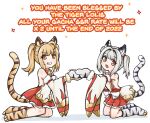  2girls absurdres ahoge animal_ears animal_hands animal_print bai_(granblue_fantasy) bare_shoulders blonde_hair brown_eyes cidala_(granblue_fantasy) detached_sleeves english_text erune fang gloves granblue_fantasy greenteaneko grey_hair grin hair_intakes highres huang_(granblue_fantasy) kneeling looking_at_viewer multiple_girls open_mouth paw_gloves paw_shoes siblings sisters skirt smile sparkle tail tiger_ears tiger_print tiger_tail twins twintails wide_sleeves 