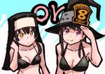  2girls bikini black_bikini black_hair breasts cleavage closed_mouth en&#039;en_no_shouboutai habit hat long_hair looking_at_viewer maki_oze medium_breasts multiple_girls ohkubo_atsushi purple_eyes smile swimsuit tamaki_kotatsu yellow_eyes 