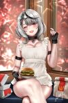  1girl bag bare_legs black_gloves brand_name_imitation burger crossed_legs danp016 fingerless_gloves food gloves hair_between_eyes highres hololive looking_at_viewer mcdonald&#039;s multicolored_hair one_eye_closed open_mouth paper_bag red_eyes sakamata_chloe shirt short_hair sitting sleeveless smile two-tone_hair white_shirt 