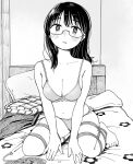  1girl bare_arms bare_legs barefoot bdsm blanket blush bondage bound bound_legs bra breasts cleavage commentary glasses greyscale highres indoors large_breasts long_hair looking_at_viewer miyama_(kannsannn) monochrome navel on_bed original panties parted_lips pillow rope seiza sitting solo underwear underwear_only 