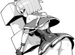  1girl ass azur_lane azur_lane:_slow_ahead bare_shoulders black_gloves box carrying closed_eyes dress from_behind gloves greyscale half_gloves hori_(hori_no_su) leipzig_(azur_lane) monochrome official_art pleated_dress short_hair solo_focus sweat sweatdrop 