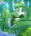  &lt;3 &lt;3_eyes anthro ariah_(bloodline) canid canine canis clothed clothing damn_lasso_tool elemental_creature female forest fur green_body green_fur hi_res mammal nature nature_background plant tree wolf 