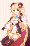  1girl animal_ears bangs bear_ears black_gloves black_legwear blonde_hair blue_eyes blush bow breasts brown_cape brown_dress cape cleavage commentary_request dress drop_shadow feet_out_of_frame fur-trimmed_cape fur-trimmed_dress fur_trim garter_straps gloves gold_trim hair_bow highres light_(luxiao_deng) long_hair long_sleeves looking_at_viewer medium_breasts official_alternate_costume open_mouth ragnarok_online red_bow red_cape short_dress smile solo sparkle strapless strapless_dress striped striped_background thighhighs two-sided_cape two-sided_fabric two-tone_dress two-tone_legwear v vertical_stripes warlock_(ragnarok_online) white_dress yellow_background 