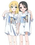  2girls bangs bare_legs black_eyes black_hair blonde_hair blush child ears eyebrows_visible_through_hair green_eyes hair_ornament hairclip holding_hands idolmaster idolmaster_cinderella_girls medium_hair megabee_e multiple_girls print_shirt sakurai_momoka sasaki_chie shirt short_hair smile t-shirt white_background white_shirt 