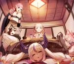  5girls :q animal_ears bell blonde_hair bowl ceiling_light chopsticks clock closed_eyes drill_hair flower grey_hair hair_bell hair_bun hair_flower hair_ornament hakui_koyori highres hololive holox horns hug indoors japanese_clothes kazama_iroha kimono kotatsu la+_darknesss licking_lips multiple_girls pink_hair pot sakamata_chloe saliva sue_(bg-bros) table takane_lui tongue tongue_out twintails under_kotatsu under_table 