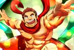  1boy :d ^_^ abs bara christmas closed_eyes doro_rich facial_hair foreshortening gunzo_(housamo) large_pectorals male_focus muscular muscular_male nipples out-of-frame_censoring pectorals red_scarf revealing_clothes reward_available scar scar_on_arm scarf short_hair sideburns smile solo stomach stubble tokyo_afterschool_summoners topless_male 