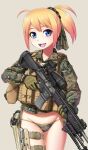  1girl :d black_gloves blonde_hair blue_eyes blush bulletproof_vest camouflage camouflage_jacket camouflage_panties cowboy_shot ebifly gloves gradient_hair green_panties grey_background gun handgun holding holding_gun holding_weapon holster jacket looking_at_viewer m27_iar multicolored_hair open_mouth original panties pistol ponytail redrawn rifle simple_background smile sniper_rifle solo standing thigh_strap trigger_discipline underwear vest weapon 
