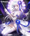  1girl braid cleavage_cutout clothing_cutout copyright_name dress earrings english_text floating_hair flower gran_saga hair_flower hair_ornament hair_rings halterneck highres holding holding_scepter jewelry korean_text long_hair nessi parted_lips purple_eyes scepter solo thighhighs thorns twintails white_dress white_hair white_legwear 