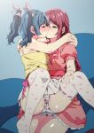  2girls absurdres blue_hair blush closed_eyes commentary_request dress ecoman eyebrows_visible_through_hair hair_ribbon heart heart_print highres kiss long_hair love_live! love_live!_sunshine!! multiple_girls pink_dress pink_ribbon print_legwear print_shirt red_hair ribbon sakurauchi_riko shirt short_hair short_sleeves sitting sitting_on_lap sitting_on_person sleeveless sleeveless_shirt thighhighs thighs tsushima_yoshiko twintails white_legwear yellow_shirt yuri 