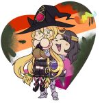  2girls armor armored_dress artist_request black_hair blonde_hair commission dog_tail hair_ornament hat heart holding hug lesbian_flag long_hair majo_to_hyakkihei metallica_(majo_to_hyakkihei) multiple_girls short_hair tagme tail viscole_dotrish witch_hat yuri 